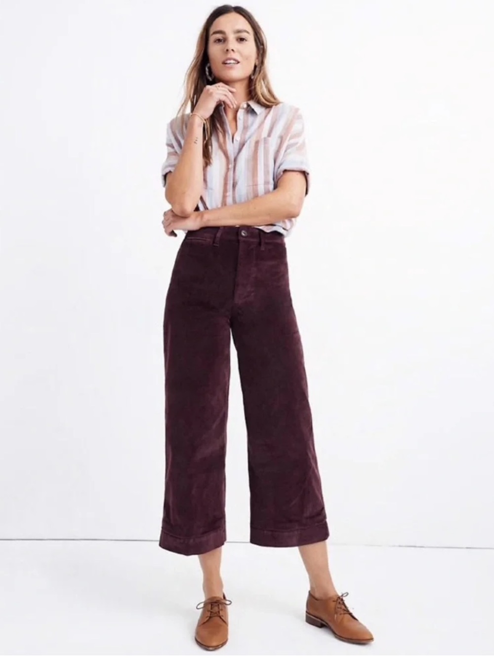 Madewell Emmett Wide Leg Crop Pants in Velveteen Burgundy Sz 30